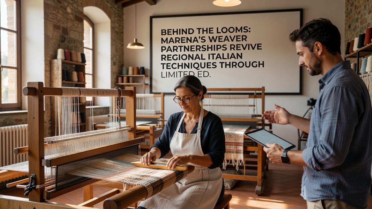 Close-up of hands guiding threads on a wooden loom during the creation of a limited-edition textile