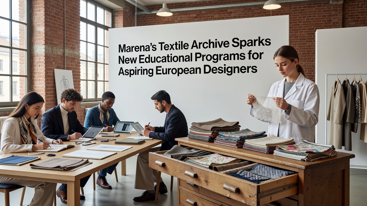Group of design students in a workshop handling fabric swatches and discussing pattern adaptations from the Marena collection
